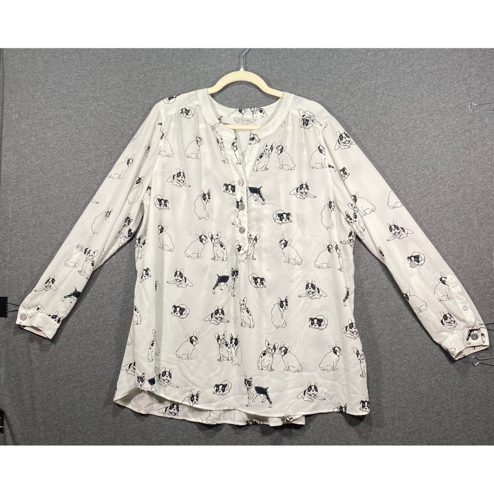 John Mark French Bulldog Print Tunic Blouse White XL Roll Tab Sleeve Dog Print